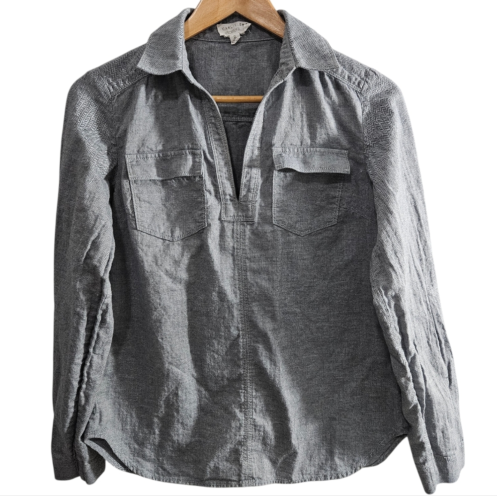 Etcetera Carlisle Gray V-neck Collard Top Neutral With Pockets